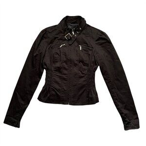 GUESS women's black short bomber bolero style jacket Large buckle neckline